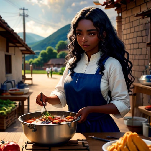 a woman in an apron is cooking a meal on a table outside of a house with a mountain in the background