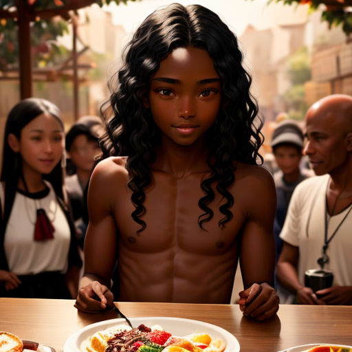 a man with no shirt standing in front of a plate of food with a knife and fork in his hand