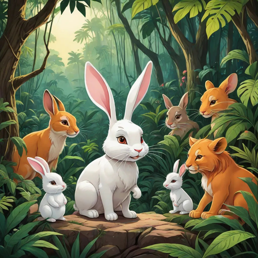 a group of rabbits and a cat in a forest with trees and plants behind them, with a painting of a rabbit surrounded by other animals, Chris LaBrooy, furry art, a storybook illustration, furaffinity