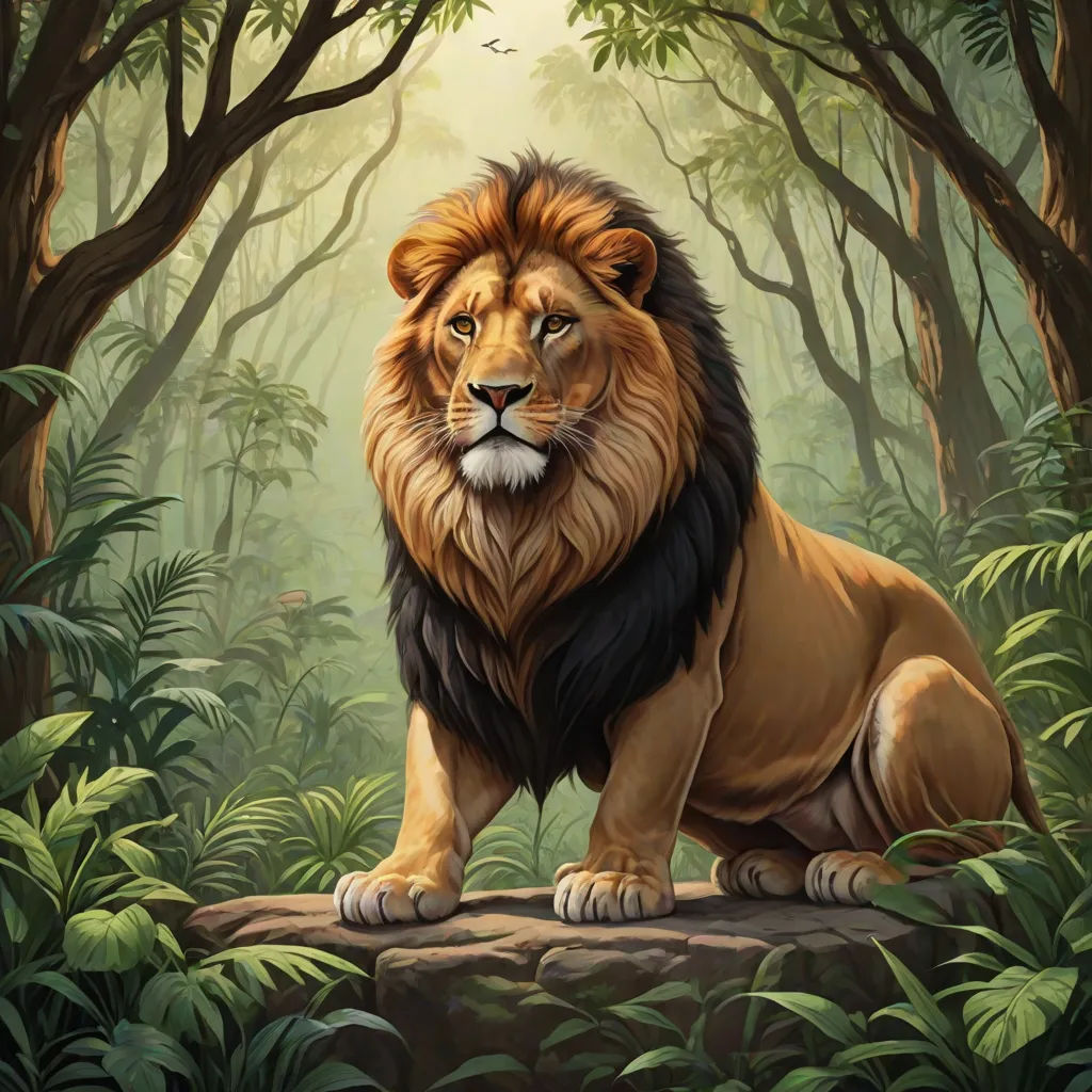 a lion sitting on a rock in a jungle with trees and bushes around it, with a bright light coming through the trees, Chris LaBrooy, fantasy art, an airbrush painting, highly detailed digital painting