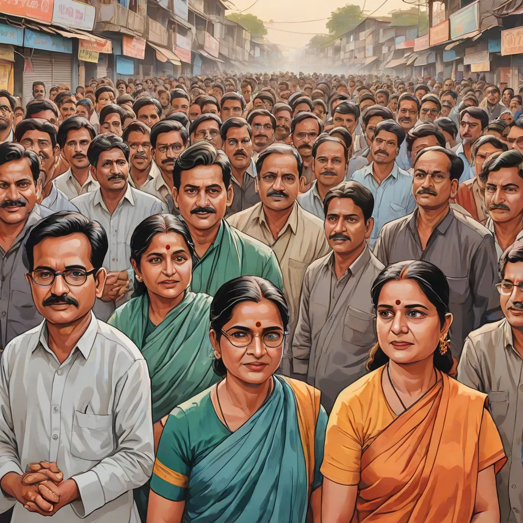 a painting of a crowd of people in india, with a man standing in front of them, and a woman standing in front of them, Bapu, samikshavad, a detailed painting, highly detailed digital painting