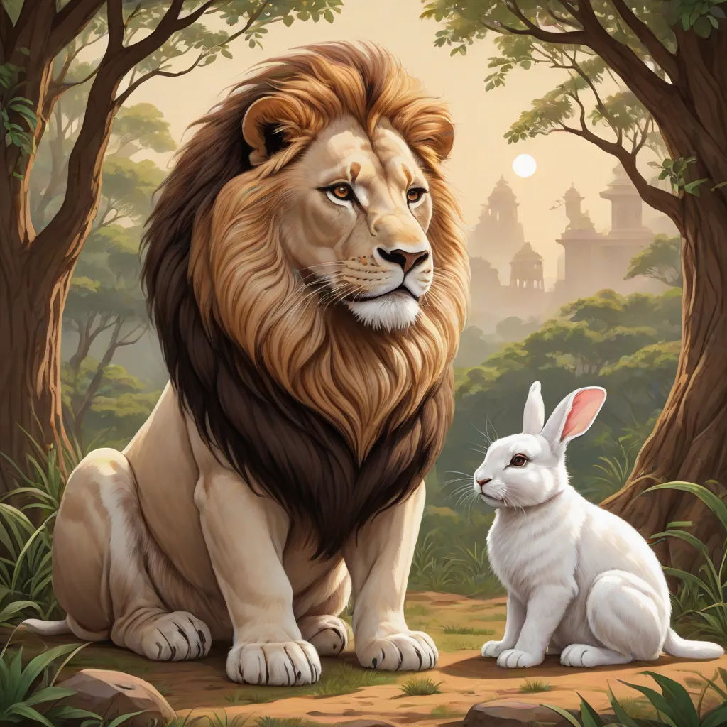 a lion and a rabbit sitting in the woods together, with a castle in the background and a full moon in the sky, Chris LaBrooy, magic realism, a storybook illustration, highly detailed digital painting