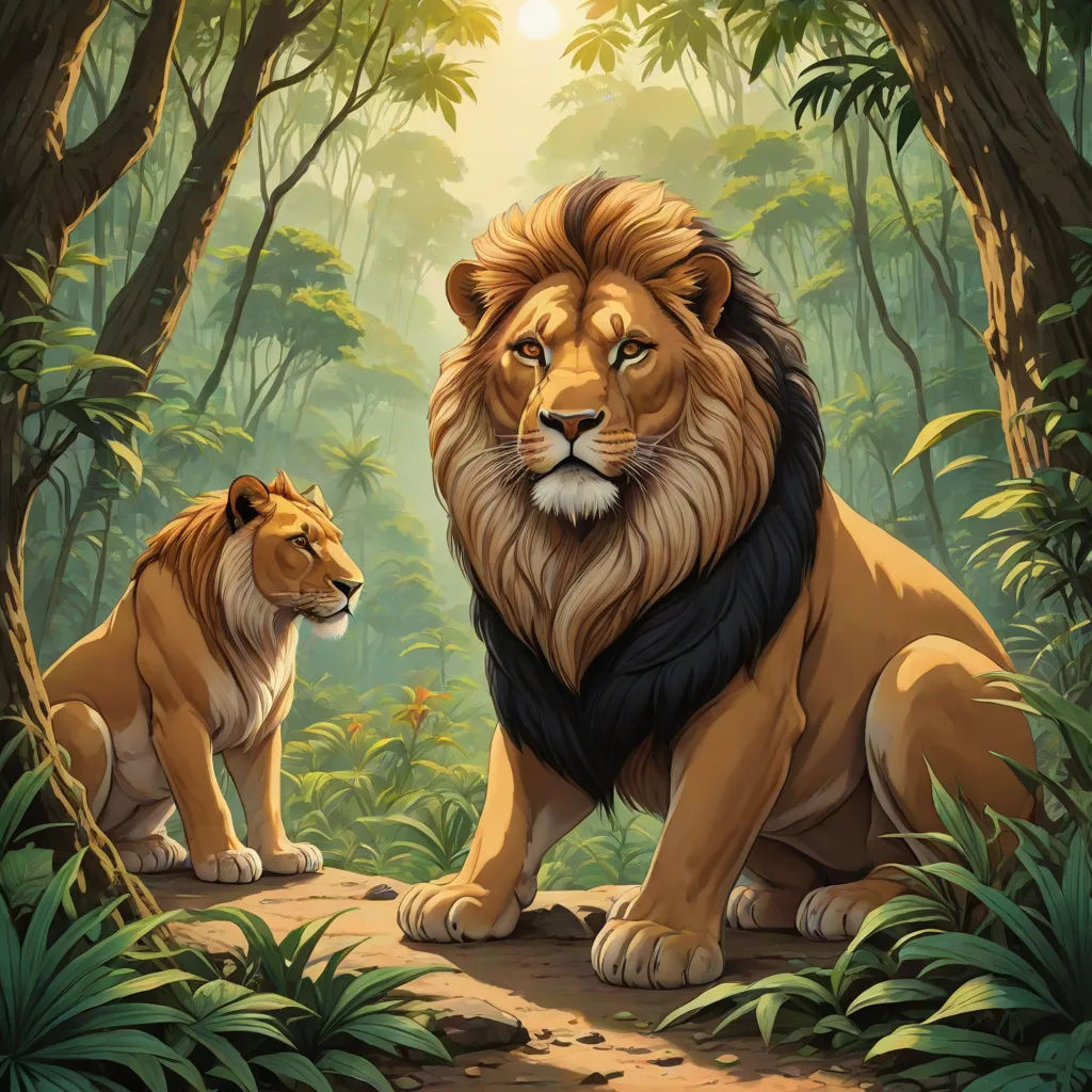 a lion and a lioness in a jungle scene with sunlight shining through the trees and leaves on the ground, Brothers Hildebrandt, furry art, a digital painting, official art