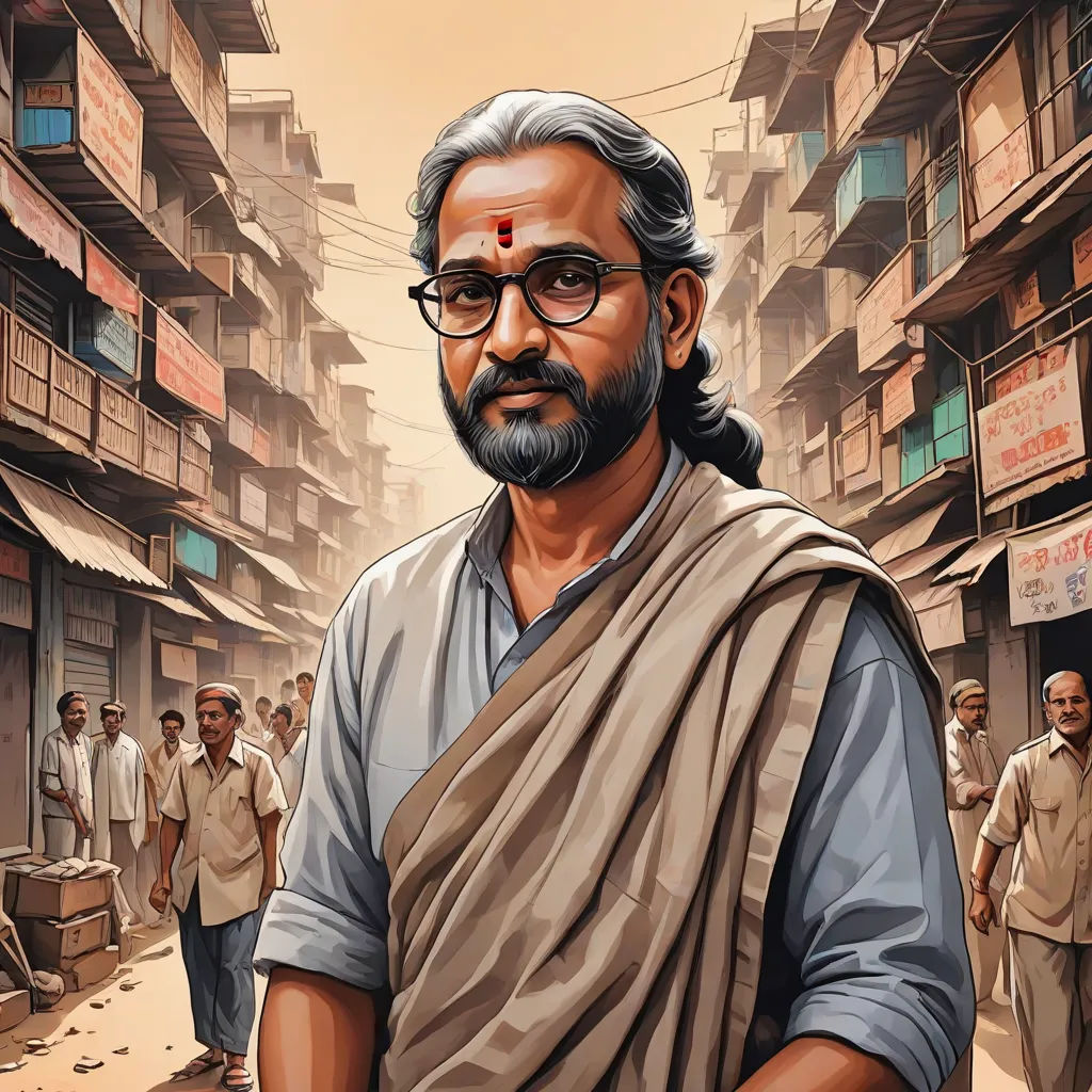 a man with a beard and glasses standing in a street with people in the background and a building with a sign on it, Bholekar Srihari, samikshavad, a character portrait, jayison devadas