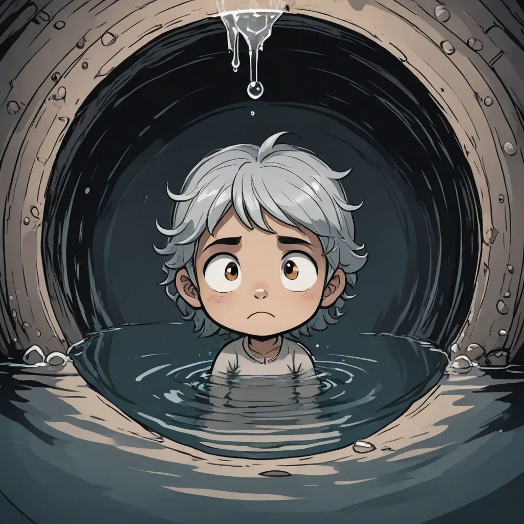 a boy in a tunnel with a light on his head and water dripping from the ceiling and a drop of water coming out of the hole, Cliff Childs, underground comix, a storybook illustration, graphic novel