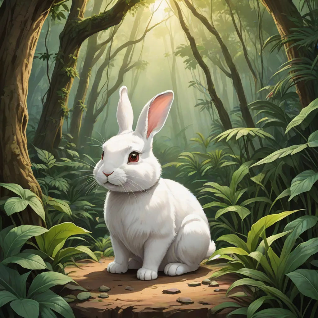 a white rabbit sitting in the middle of a forest with sun shining through the trees and leaves on the ground, Art of Brom, altermodern, a character portrait, magic the gathering artwork
