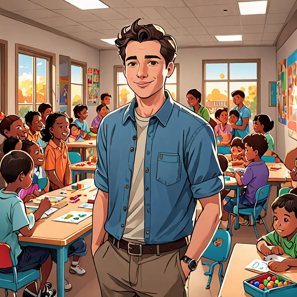 a man standing in front of a classroom full of children with a cartoon of him in the background of the picture, paris school, a character portrait, Cedric Seaut (Keos Masons), official art