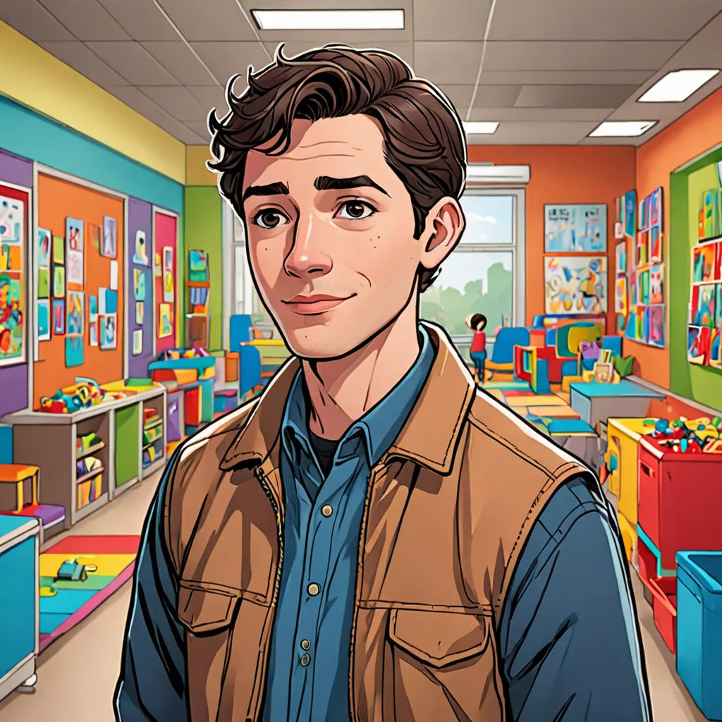 a man standing in a room with a bunch of toys on the walls and a cartoon of him in the background, serial art, a character portrait, Dean Roger, official art