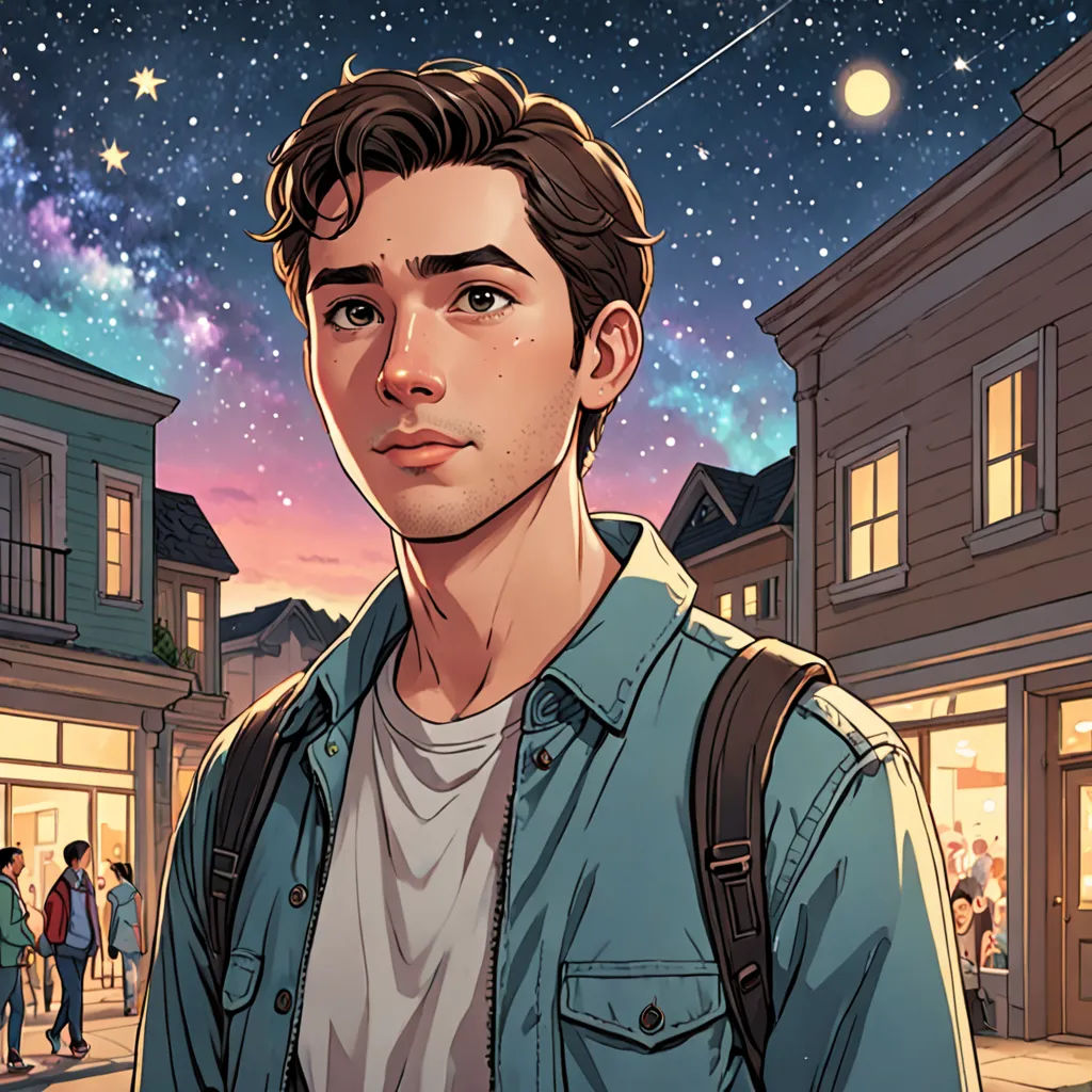 a man standing in front of a building with a sky background and stars in the sky above him, and a person standing on the sidewalk, serial art, a comic book panel, Adam Dario Keel, rossdraws global illumination