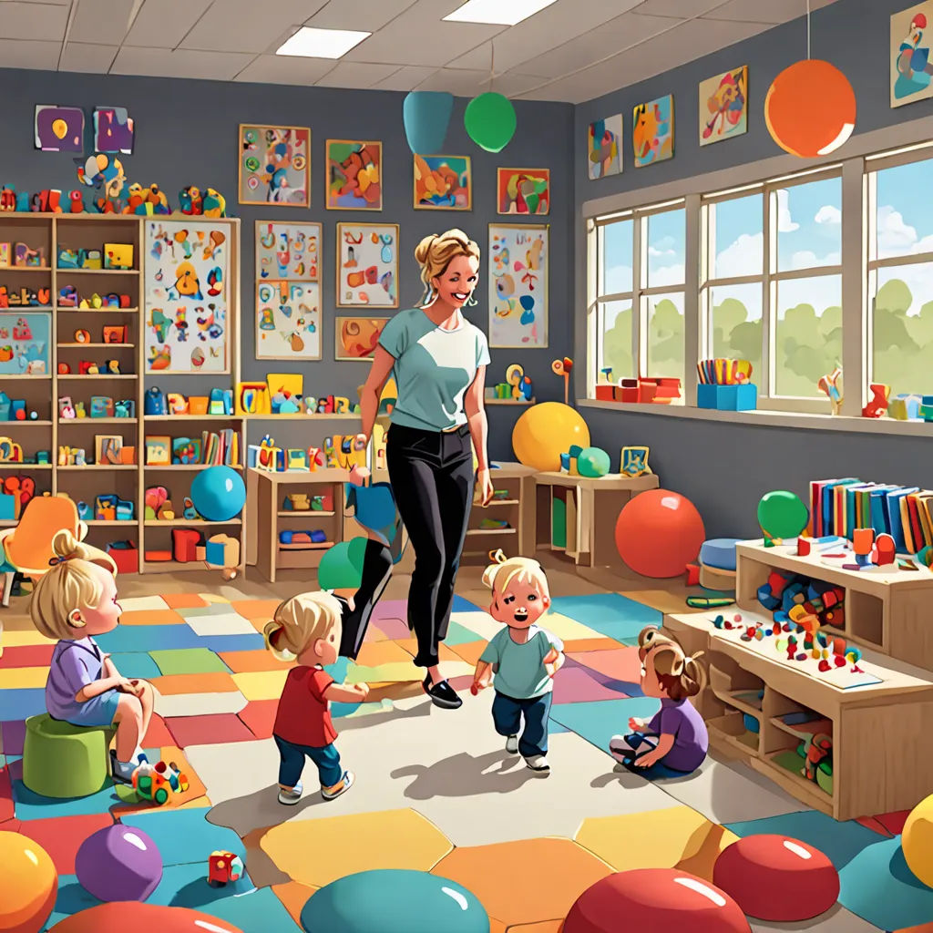 a woman is walking through a room with children and balloons on the floor and a woman is standing in the middle of the room, american scene painting, a storybook illustration, Chris LaBrooy, highly detailed digital painting