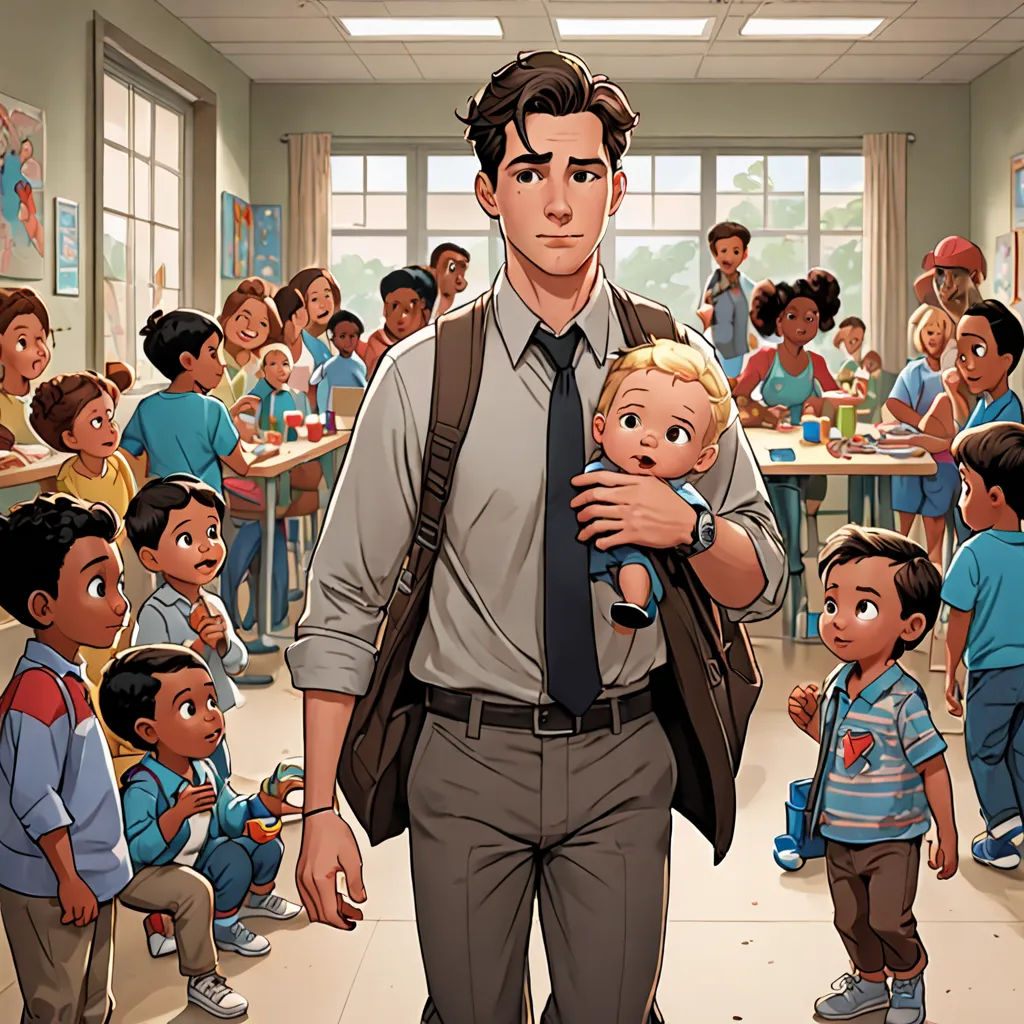 a man holding a baby in a classroom full of children in the background, with a teacher holding a baby, academic art, a comic book panel, Alton Tobey, official art