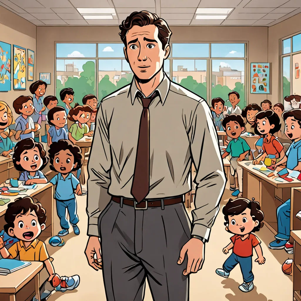 a man standing in front of a classroom full of children with a teacher in the background looking at the camera, serial art, a storybook illustration, Bob Singer, david lazar
