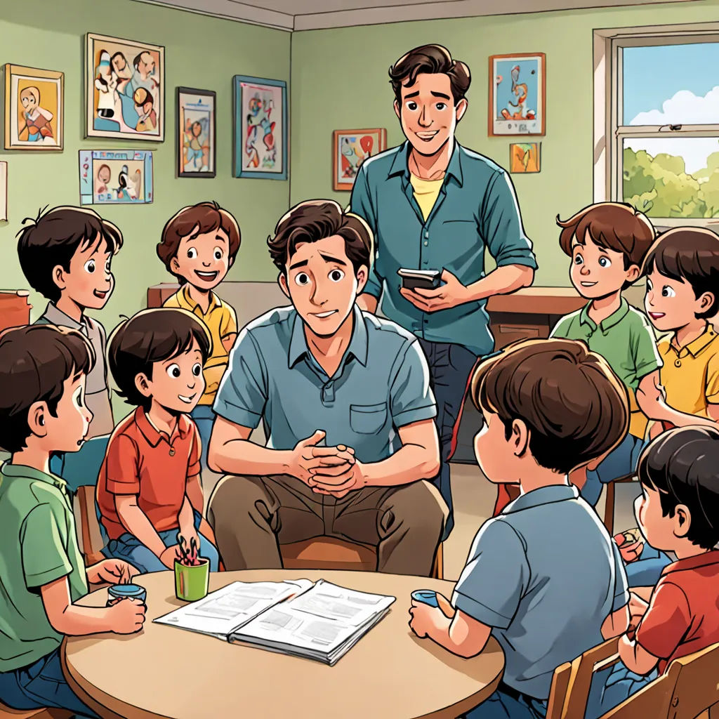 a man standing in front of a group of children in a classroom with a teacher in the background talking, vancouver school, a storybook illustration, David Park, storybook illustration