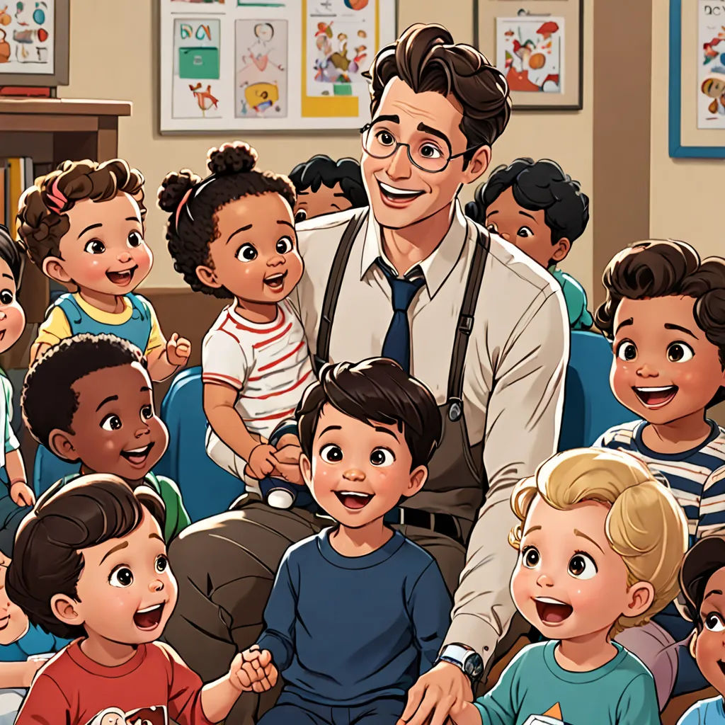 a man standing in front of a group of children in a classroom with a teacher in the background and a teacher in the foreground, socialist realism, a storybook illustration, Alson S. Clark, storybook illustration