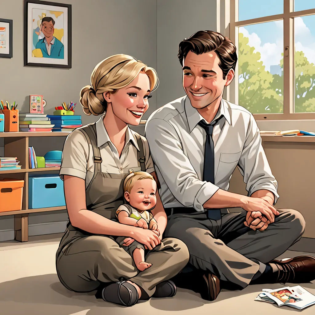 a man and woman sitting on the floor with a baby in their lap and a baby in their lap, american realism, a storybook illustration, F Scott Hess, official art