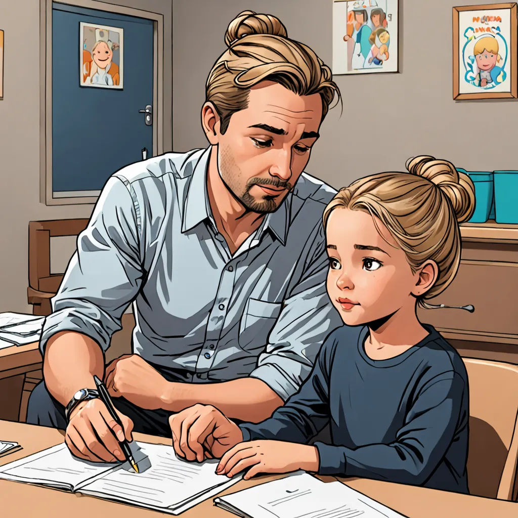 a man and a little girl sitting at a table with a pen and paper in front of them,, academic art, a comic book panel, artist, graphic novel