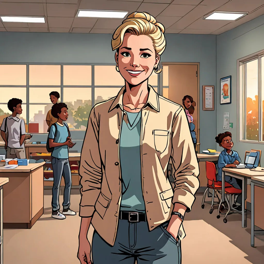 a cartoon of a woman standing in a classroom with other people in the background and a cartoon of a woman in a brown jacket, paris school, a comic book panel, Evelyn Abelson, promotional image