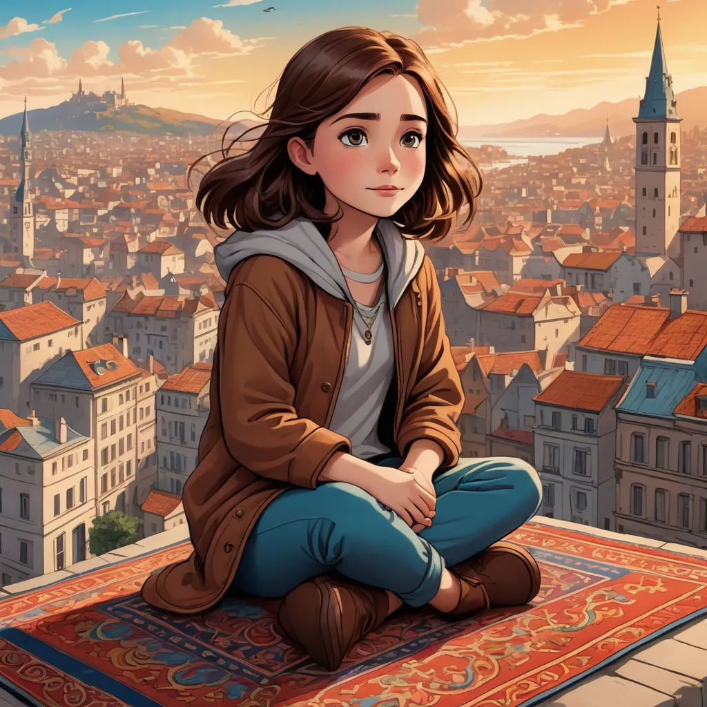 a girl sitting on a rug in front of a cityscape with a bird flying overhead and a bird flying overhead, magic realism, a storybook illustration, Cliff Childs, city background