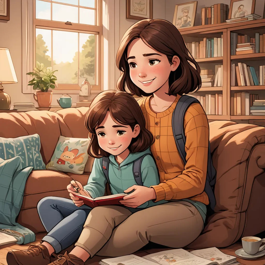 a woman and a child sitting on a couch in a living room with a book in their hands and a book in their lap, serial art, a storybook illustration, Diego Gisbert Llorens, storybook illustration