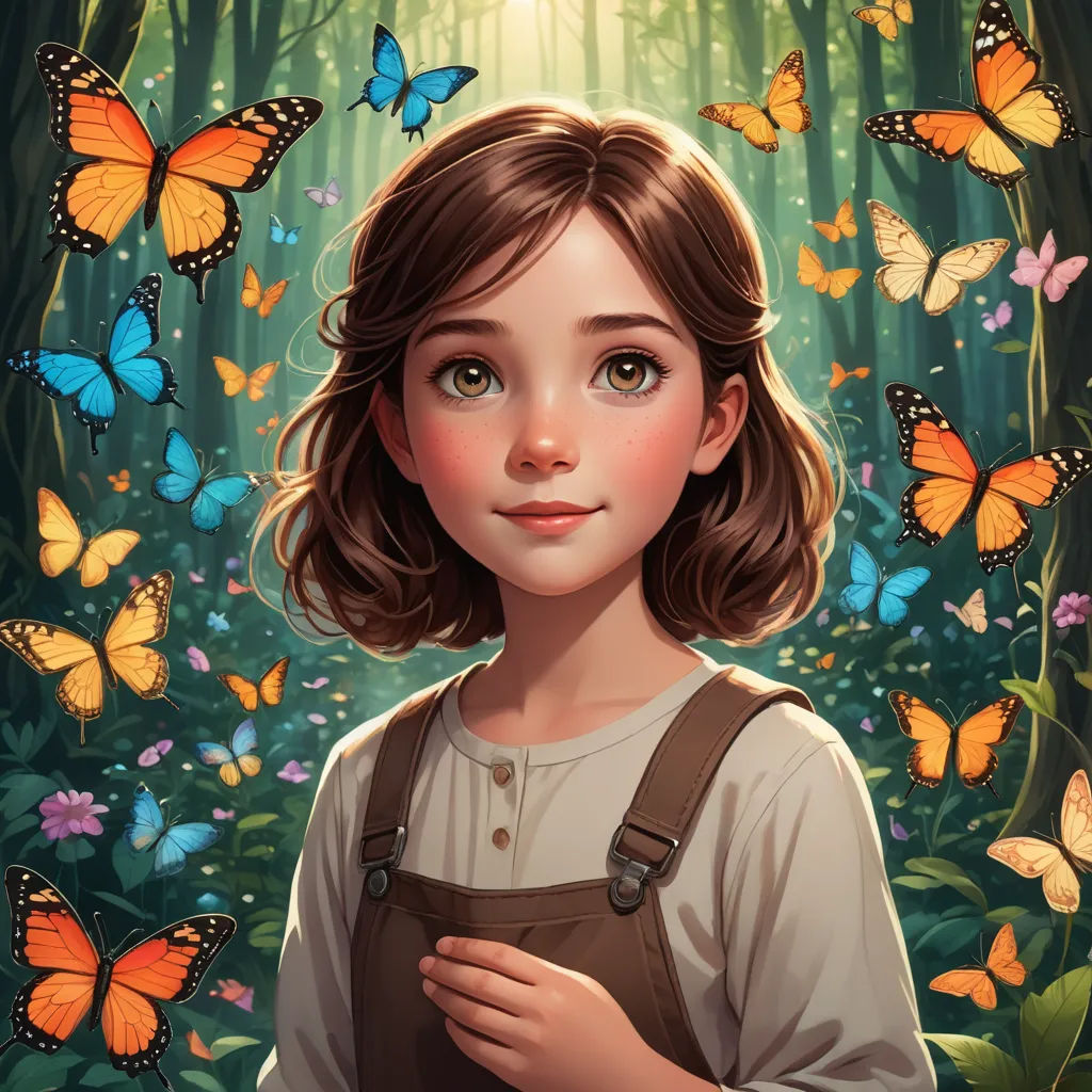 a girl with a brown apron and butterflies around her neck and shoulder, standing in a forest with butterflies, magical realism, a storybook illustration, Cliff Childs, rossdraws global illumination