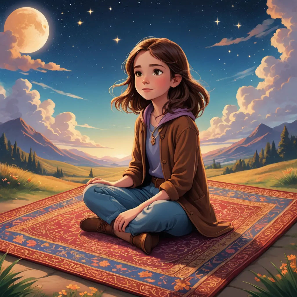 a painting of a girl sitting on a rug in the middle of a field with a full moon in the background, magical realism, a storybook illustration, Cliff Childs, storybook illustration