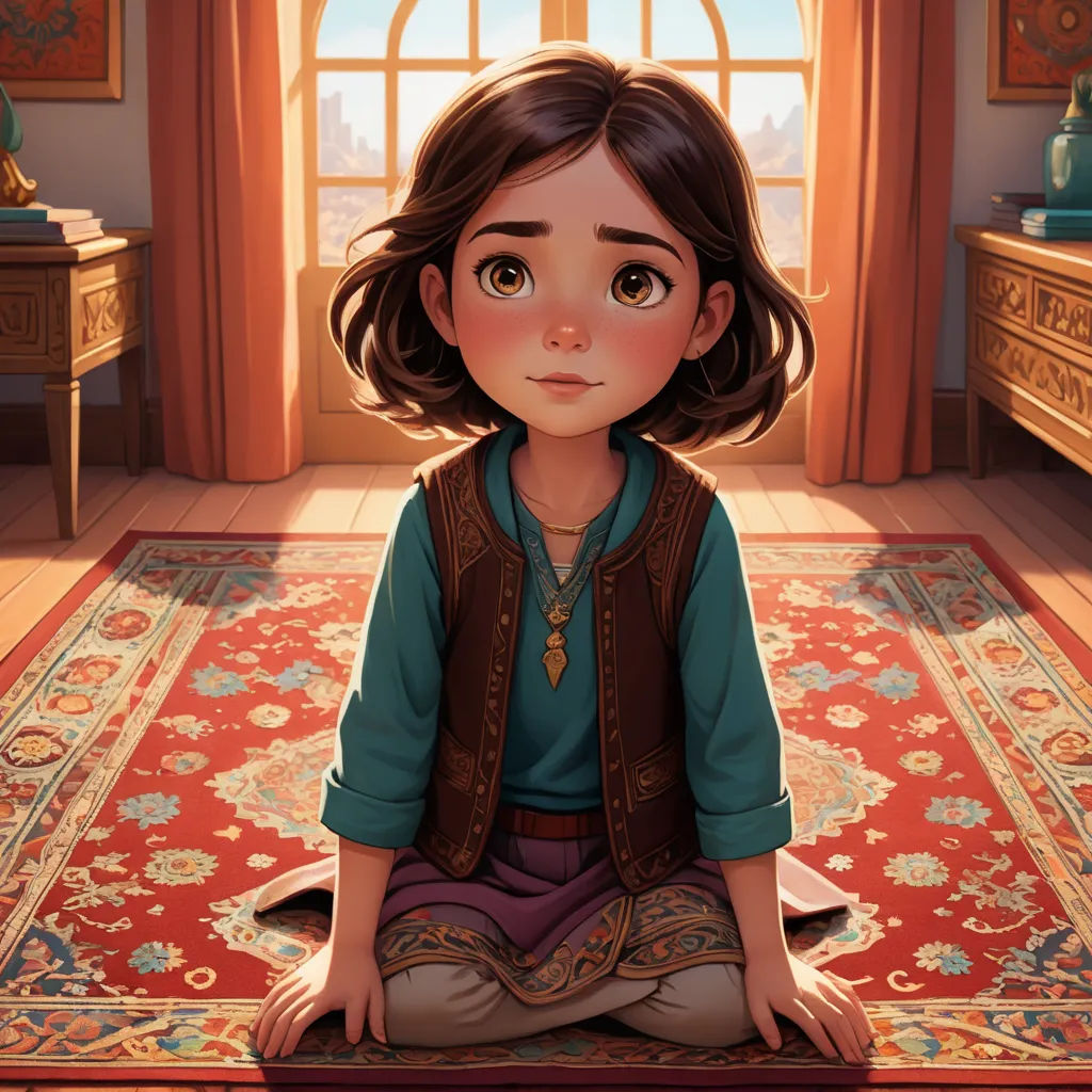 a girl sitting on a rug in a room with a window and a rug on the floor with a rug on it, cloisonnism, a storybook illustration, Altoon Sultan, rossdraws global illumination