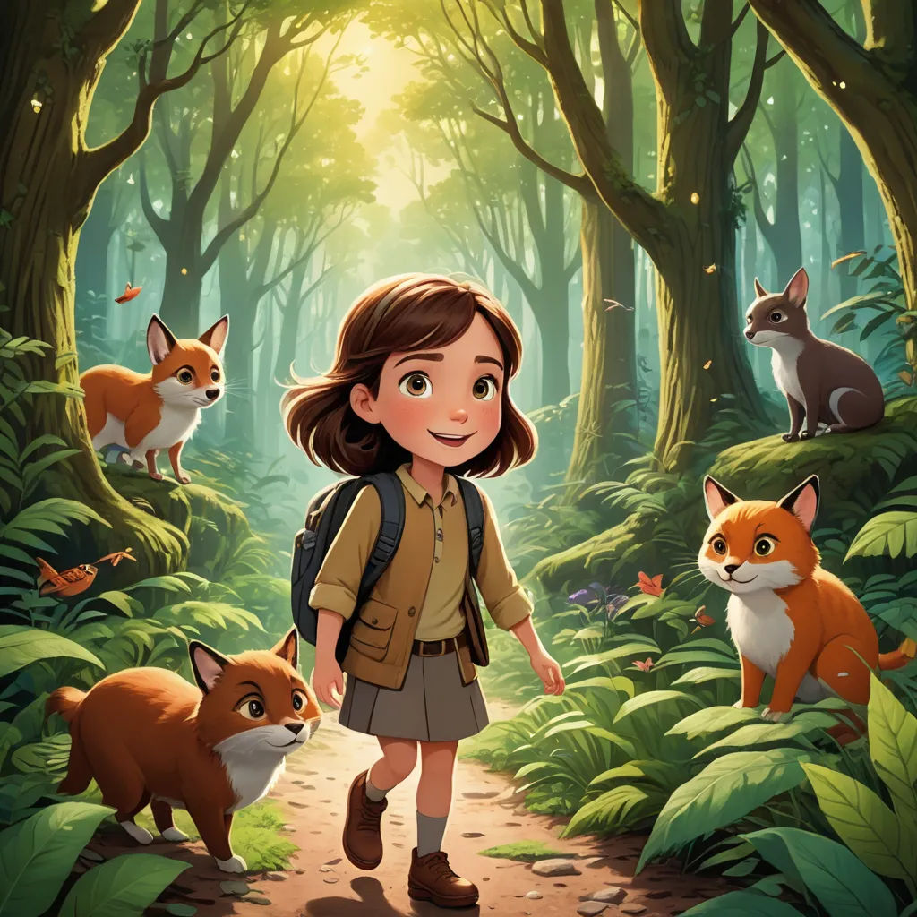 a girl in a forest with a backpack and some animals around her, and a forest scene with a fox and a girl, furry art, poster art, Diego Gisbert Llorens, promotional image