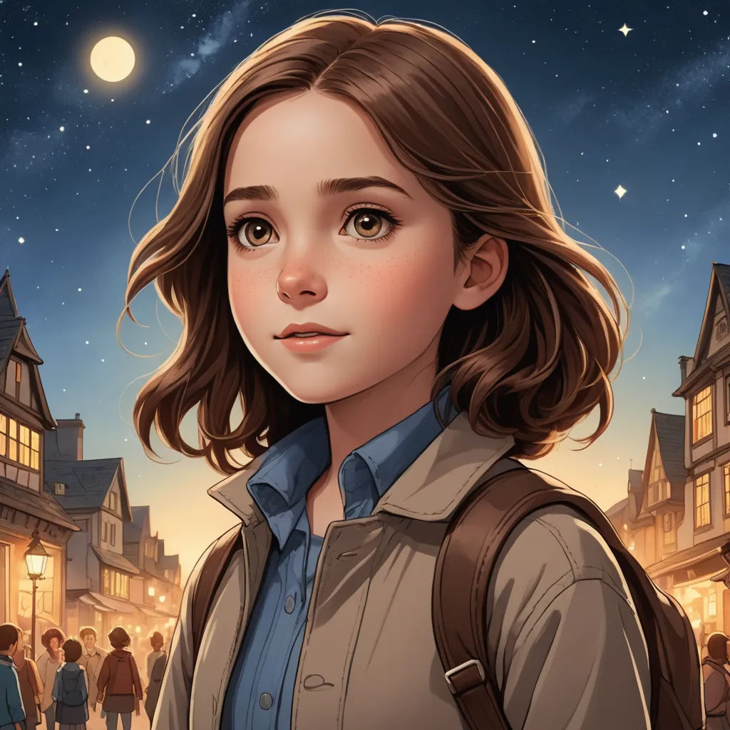 a girl with a backpack standing in front of a street at night with a full moon in the sky, fantasy art, a character portrait, Cliff Childs, kinkade
