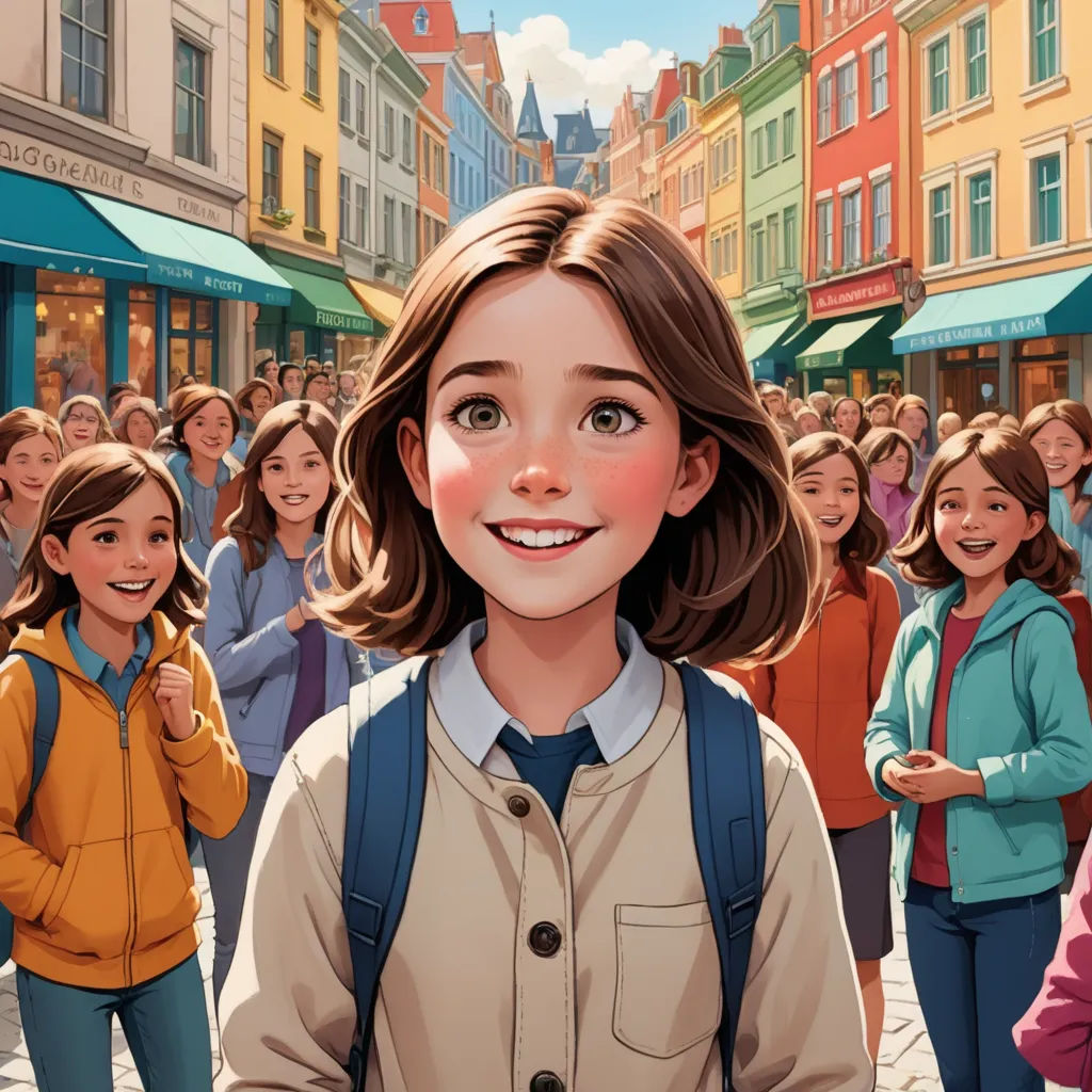 a cartoon of a girl standing in front of a crowd of people in a city street with buildings in the background, paris school, a comic book panel, Constance Gordon-Cumming, official art