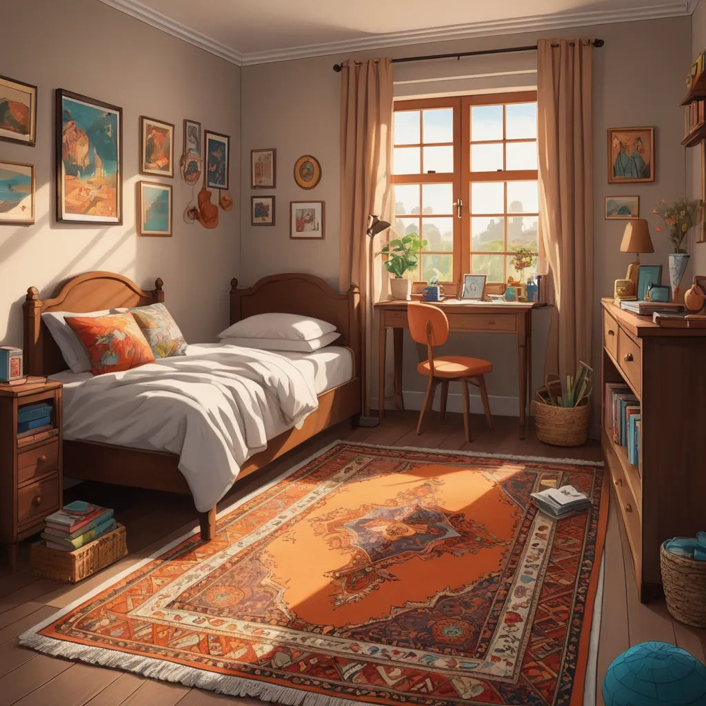 a bedroom with a bed, desk, and a rug in it with a window and a rug on the floor, photorealism, a 3D render, Evgeny Lushpin, unreal render