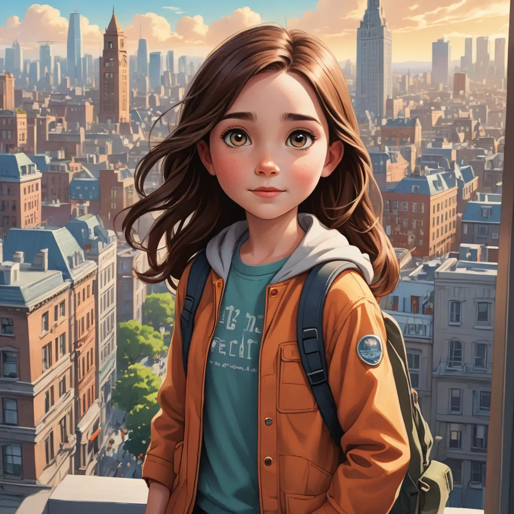 a girl with a backpack standing on a ledge in front of a cityscape with buildings and a sky line, photorealism, a detailed painting, Cliff Childs, cgstudio