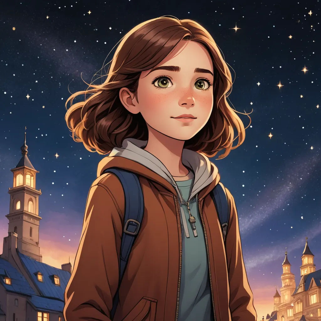 a girl with a backpack standing in front of a castle at night with stars in the sky above her, paris school, a character portrait, Cliff Childs, official art