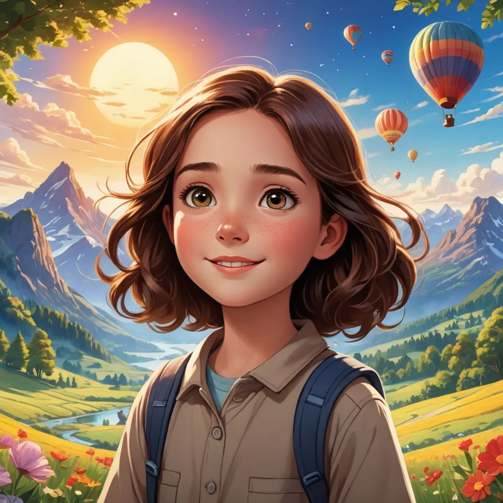 a girl with a backpack standing in front of a mountain landscape with hot air balloons flying above her and a sunset behind her, magic realism, a storybook illustration, Cliff Childs, rossdraws global illumination