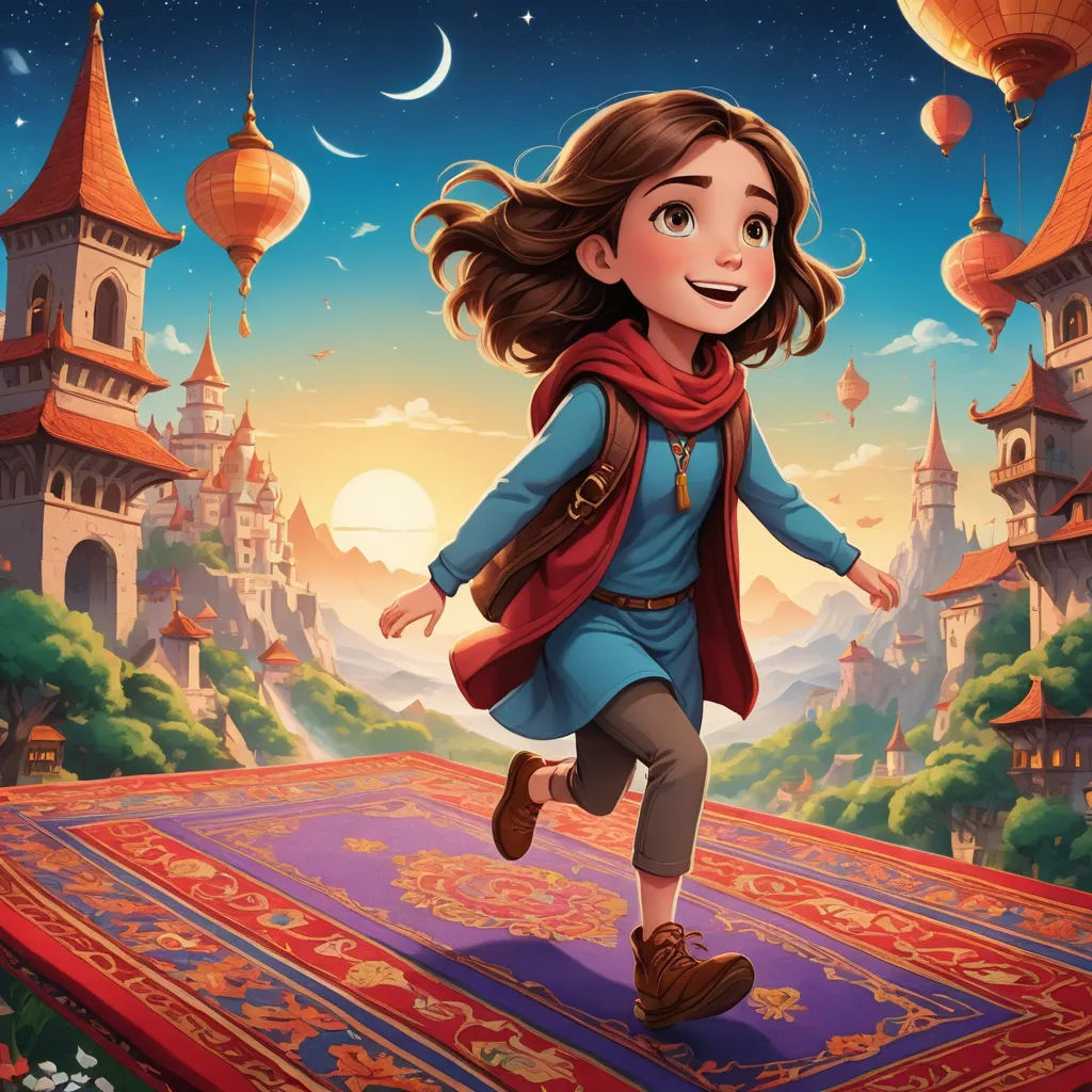 a girl running across a rug in a cartoon style with a castle in the background and a crescent moon in the sky, magical realism, a storybook illustration, Cliff Childs, rossdraws global illumination