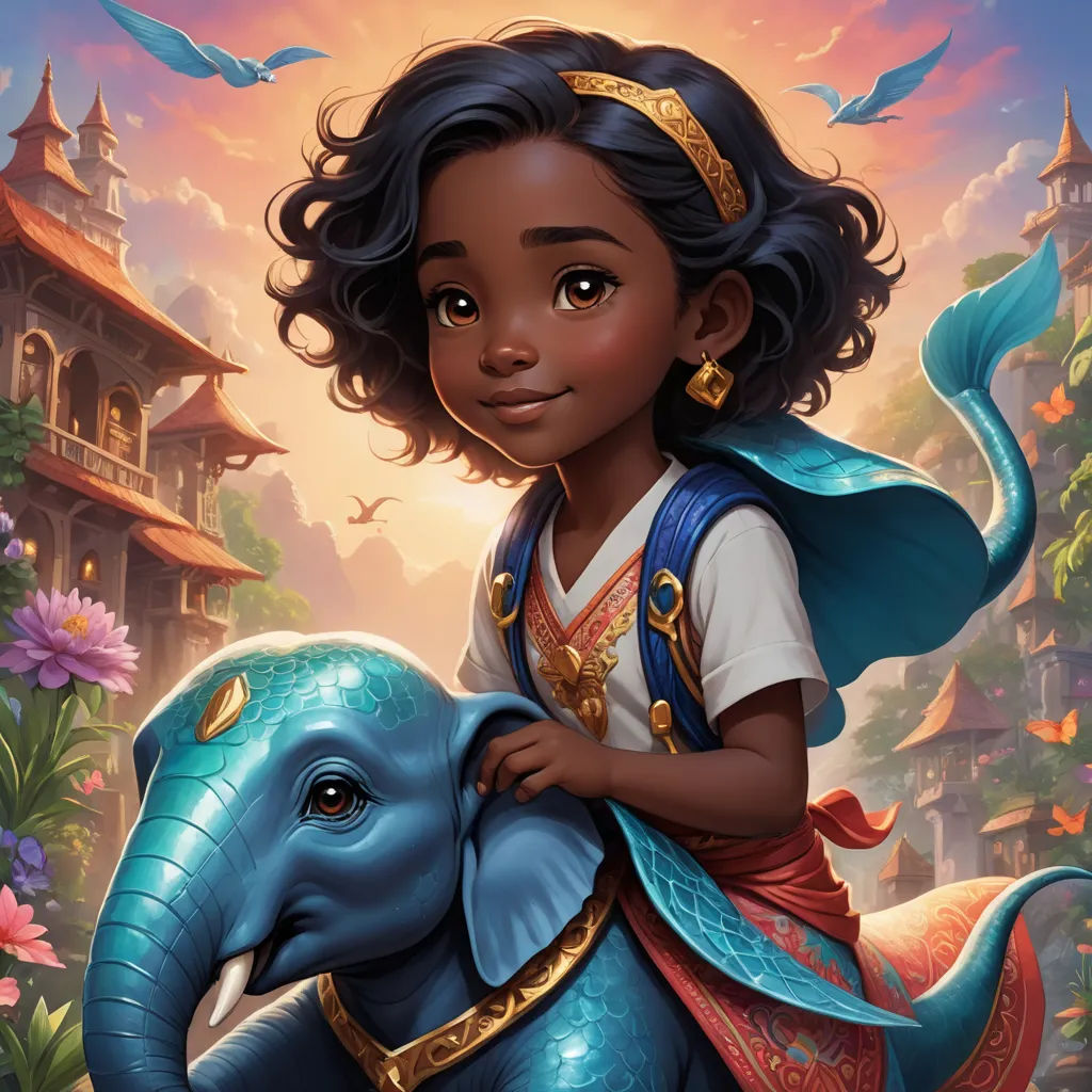 a young girl riding on the back of an elephant in a cartoon style with a bird flying above her, fantasy art, a character portrait, Ella Guru, key art