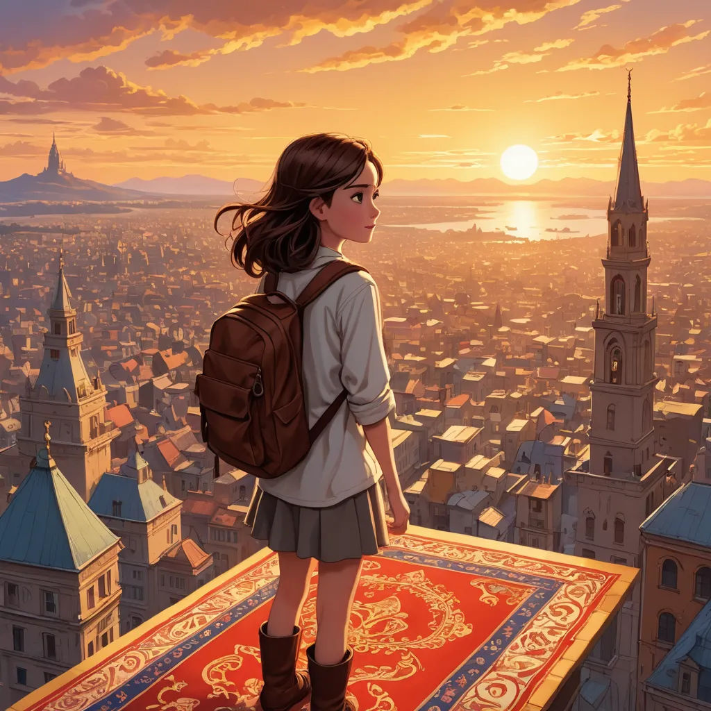 a girl standing on top of a building looking at the sunset over a city with a large rug on the ground, magical realism, a storybook illustration, Cliff Childs, rossdraws global illumination