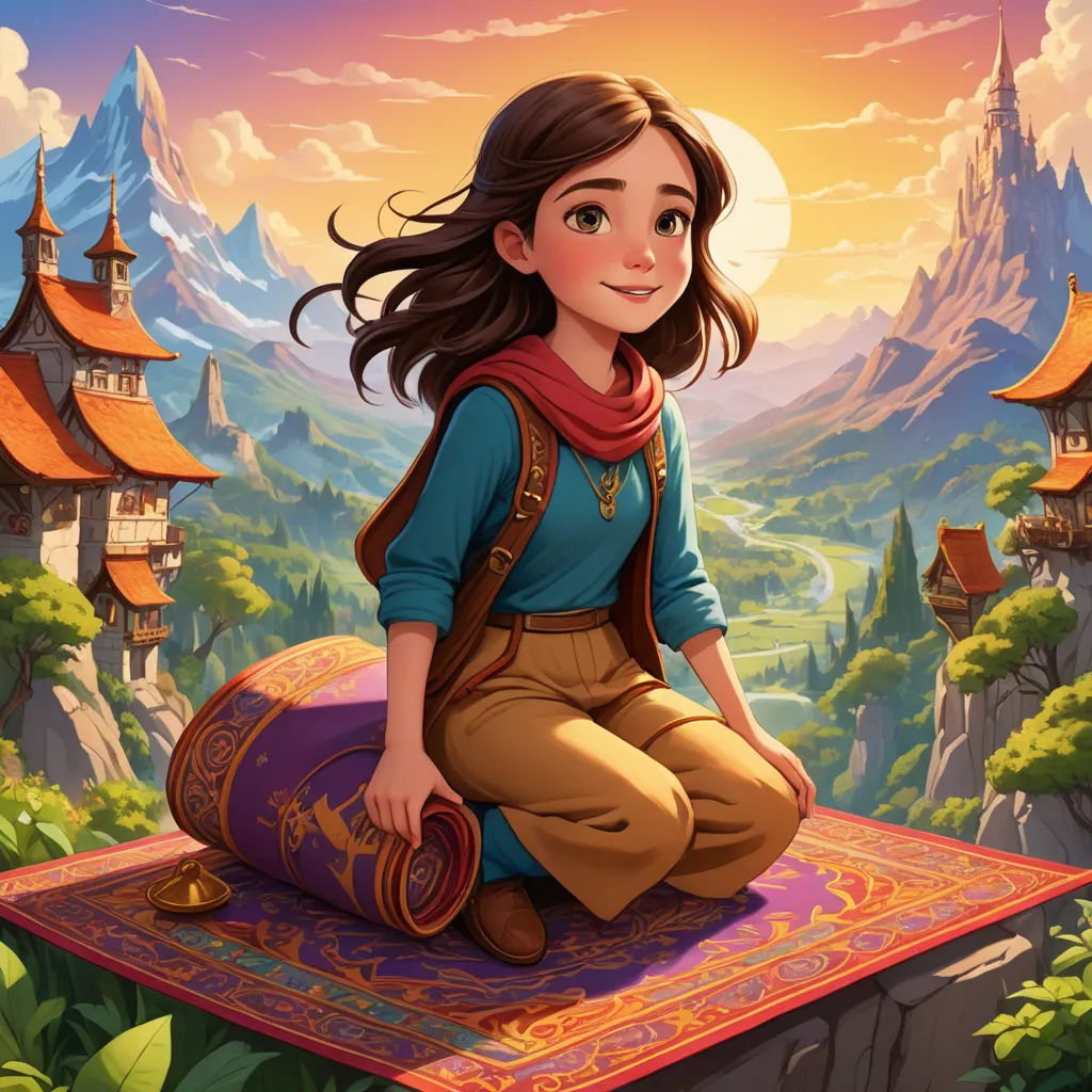 a girl sitting on a rug in front of a mountain landscape with a castle and mountains in the background, magical realism, a storybook illustration, Cliff Childs, rossdraws global illumination