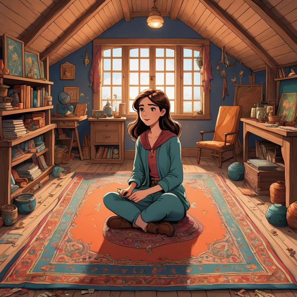 a woman sitting on a rug in a room with a window and a rug on the floor with a rug on it, art & language, a storybook illustration, Cliff Childs, official art