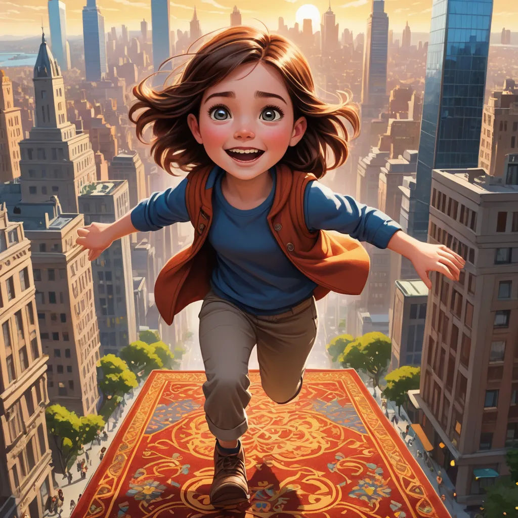 a cartoon girl is running on a rug in a city with buildings and a large rug on the ground, fantastic realism, poster art, Cliff Childs, promotional image