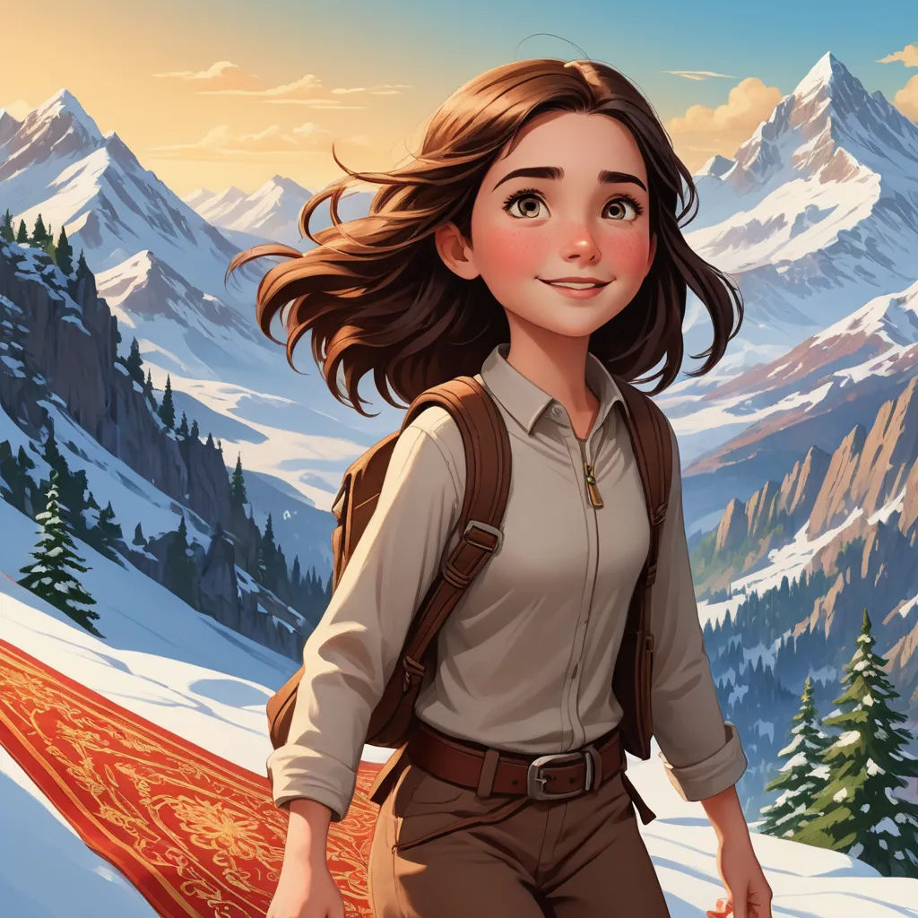 a girl with a backpack and a snowboard in the snow with mountains in the background and a sky with clouds, fantasy art, a storybook illustration, Cliff Childs, kinkade