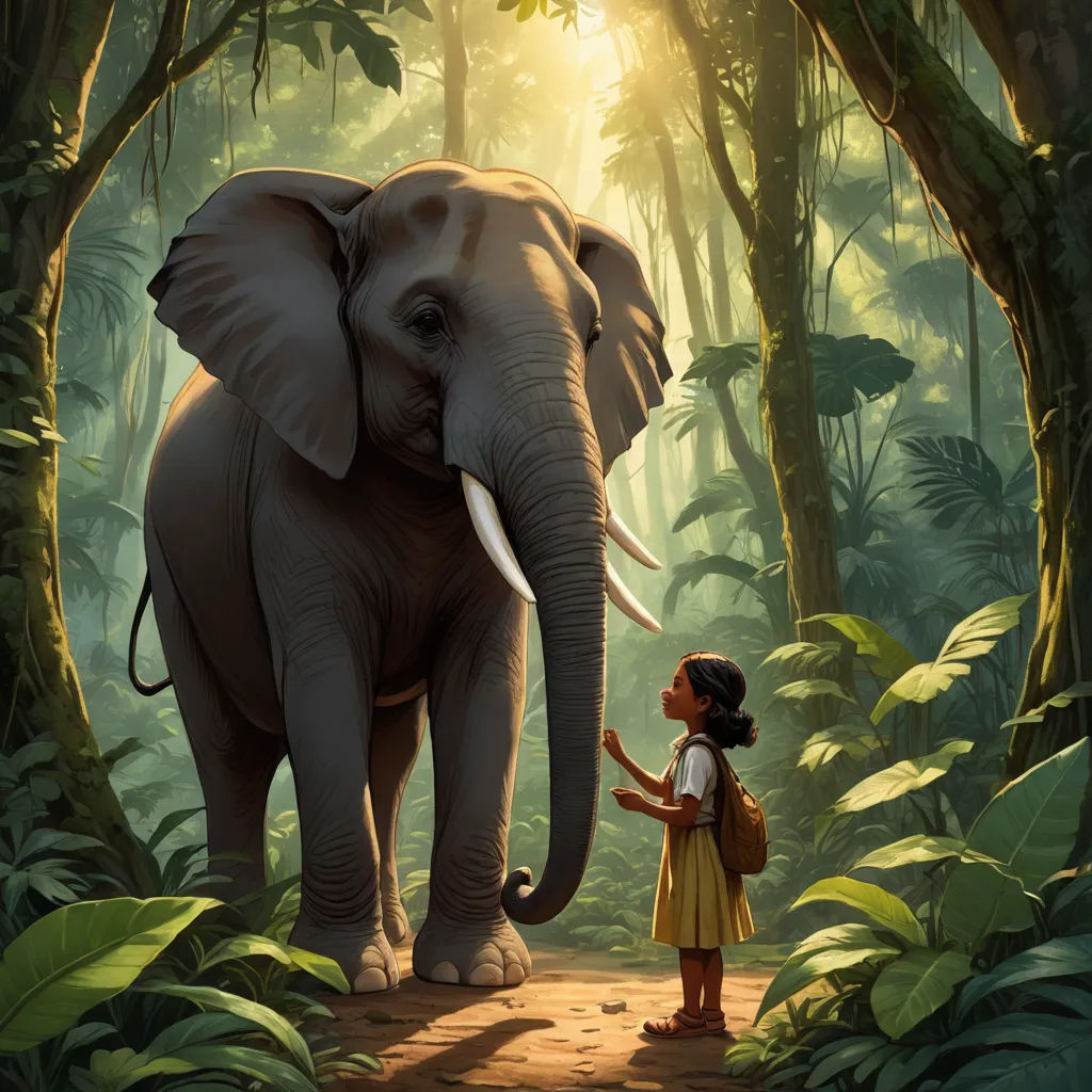 a girl standing in the middle of a forest with an elephant in the background and a man standing next to her, magical realism, a storybook illustration, Chris LaBrooy, promotional image