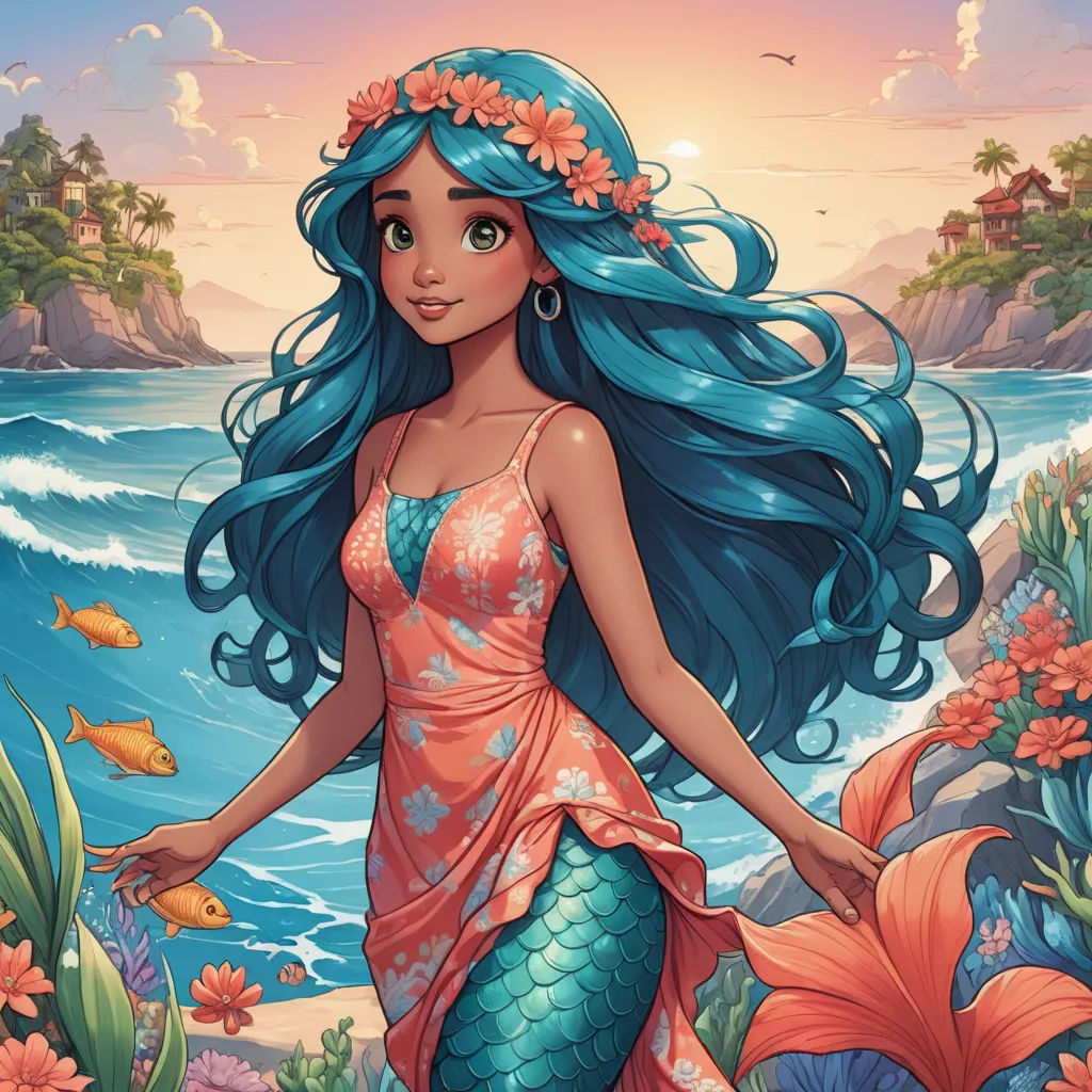 a beautiful mermaid with blue hair standing in the water near the ocean and flowers on her head and a fish in her hand, fantasy art, a character portrait, Artgerm, ocean