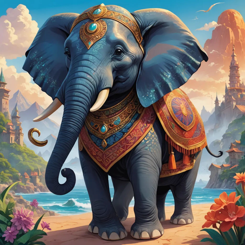 an elephant with a crown on its head standing on a beach near a castle and flowers with a sky background, fantasy art, an ultrafine detailed painting, Chris LaBrooy, magic the gathering artwork