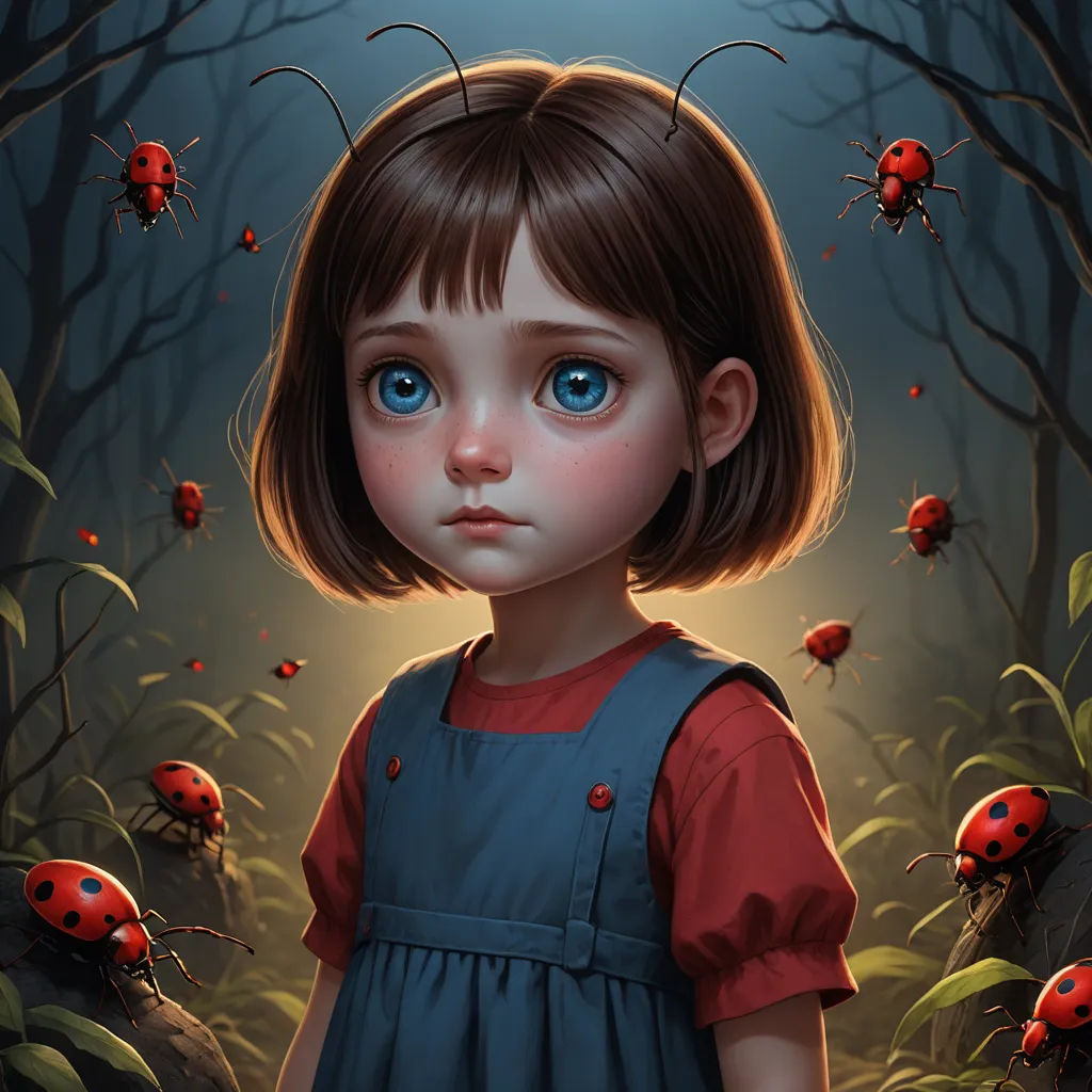 a painting of a little girl with blue eyes and a red dress in a forest with ladybugs, pop surrealism, an ultrafine detailed painting, Aaron Jasinski, trending on art station