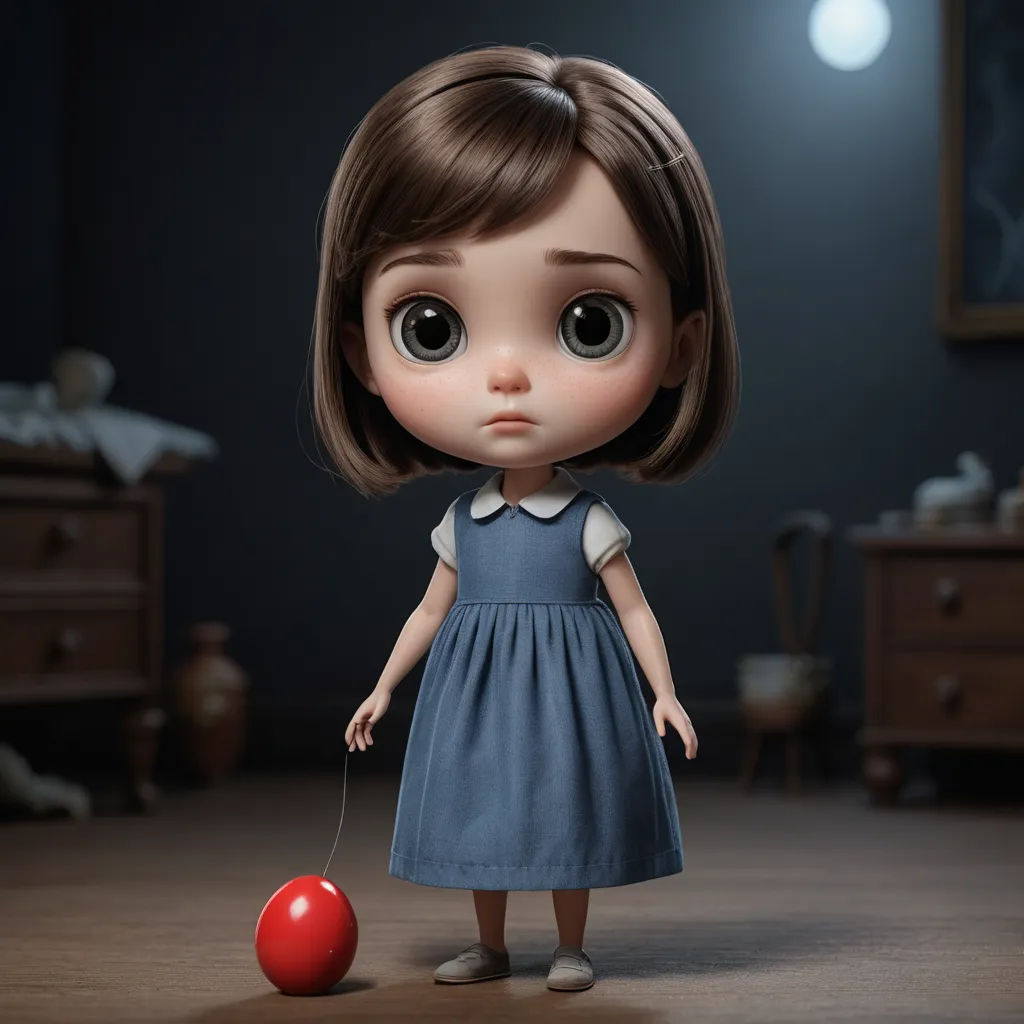 a doll with a red ball in a room with a painting on the wall and a lamp on the floor, pop surrealism, a 3D render, Alice Prin, cgstudio