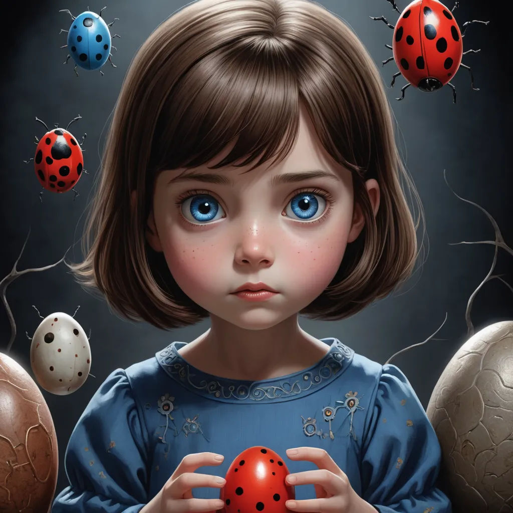 a painting of a little girl holding a red ball in her hands with ladybugs flying around her, pop surrealism, an ultrafine detailed painting, Craola, highly detailed digital painting
