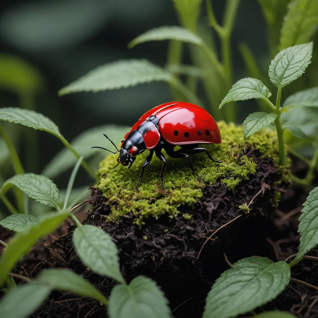 a ladybug sitting on top of a green plant with leaves around it's edges and a red body, ecological art, a macro photograph, Bernd Fasching, macro photography