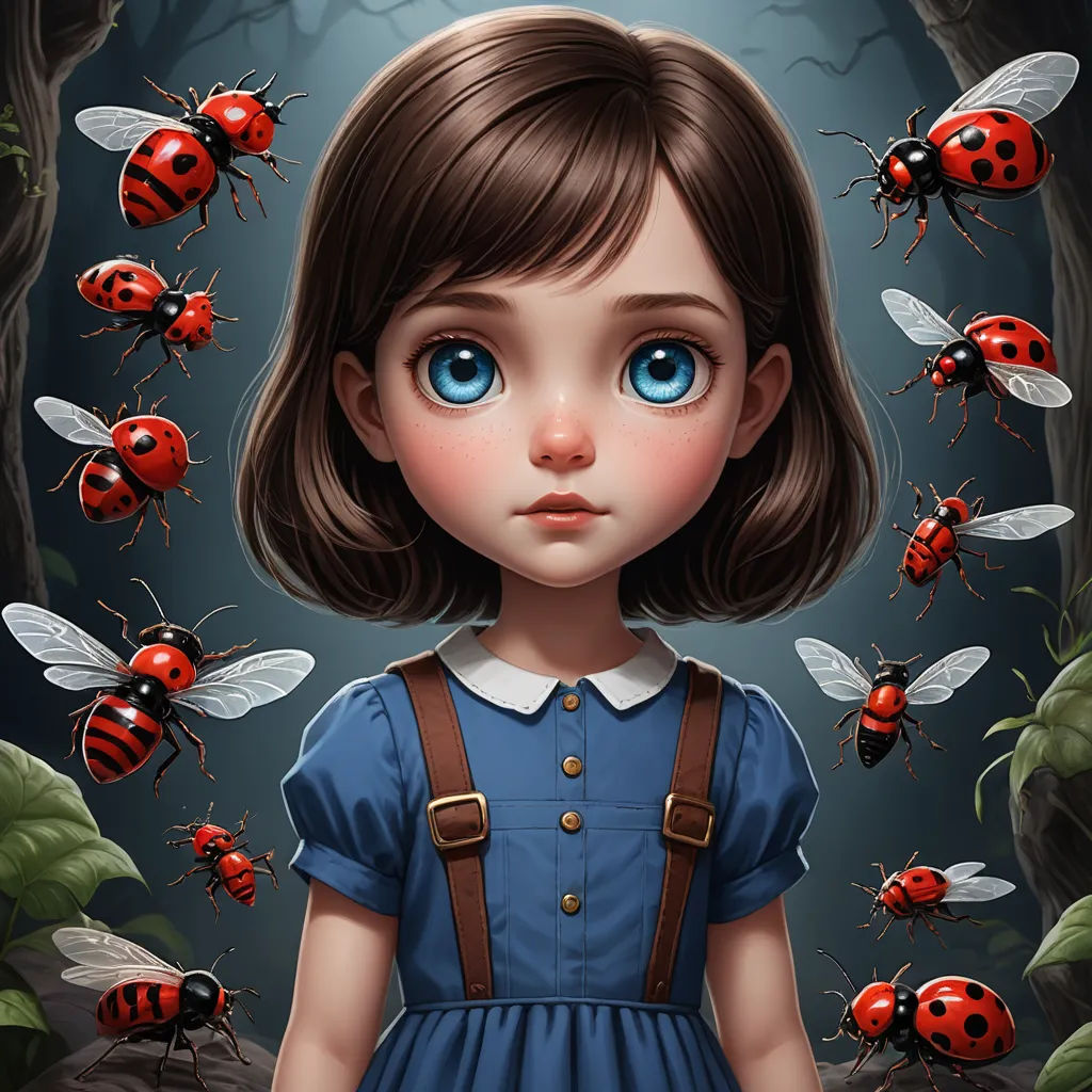 a girl with blue eyes surrounded by ladybugs in a forest with a dark background and a light, pop surrealism, a storybook illustration, Anna Dittmann, highly detailed digital painting