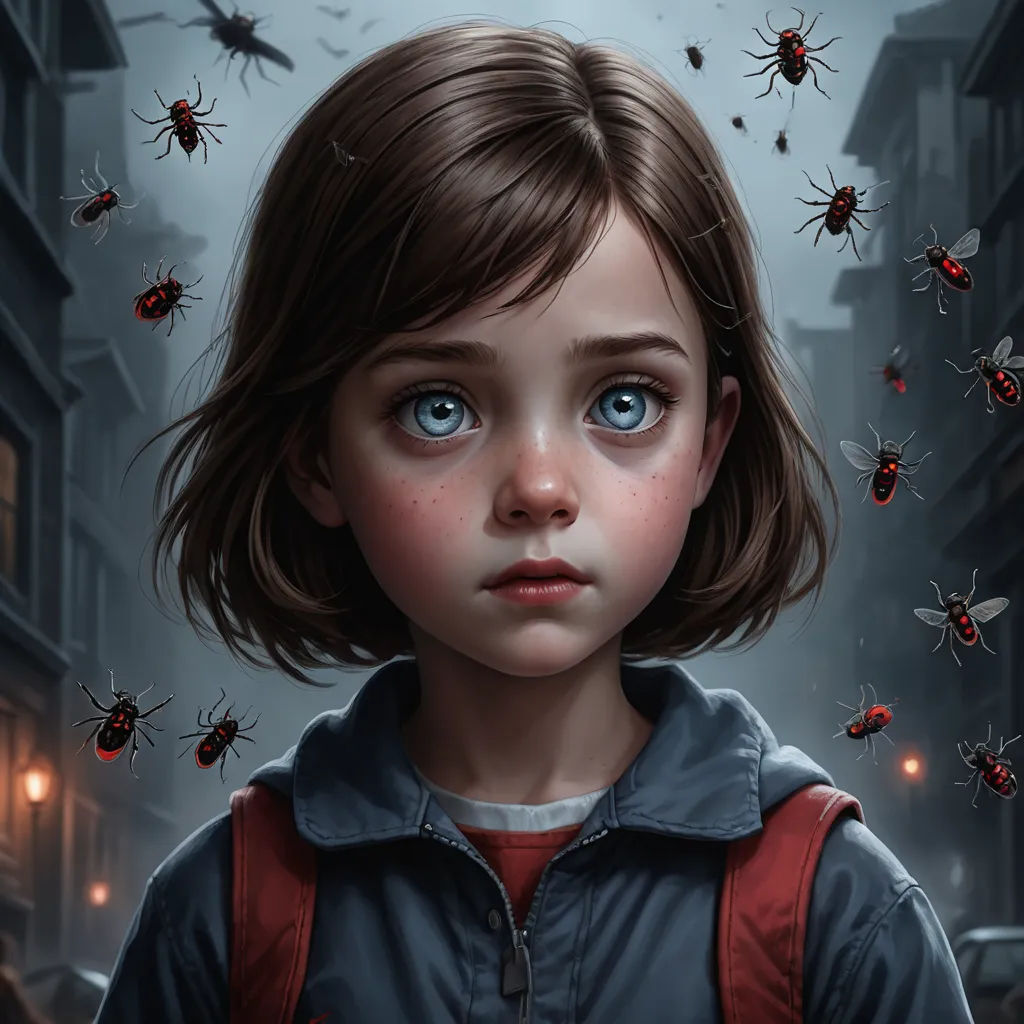 a little girl with blue eyes and a bunch of flies around her head in a city street at night, photorealism, a detailed painting, Aaron Jasinski, highly detailed digital painting