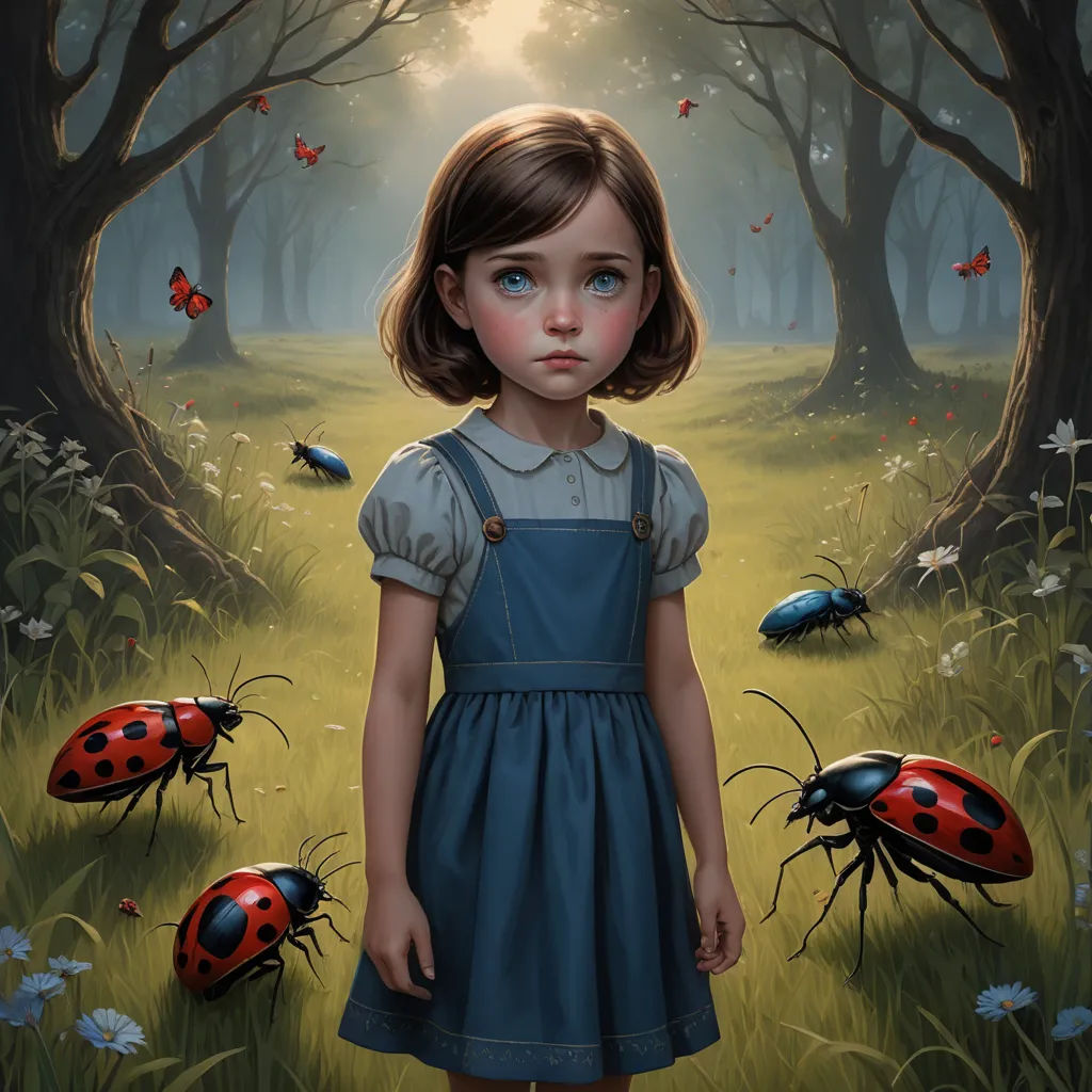 a painting of a little girl standing in a field with ladybugs in the background and a forest full of trees, fantasy art, a storybook illustration, Aaron Jasinski, highly detailed digital painting